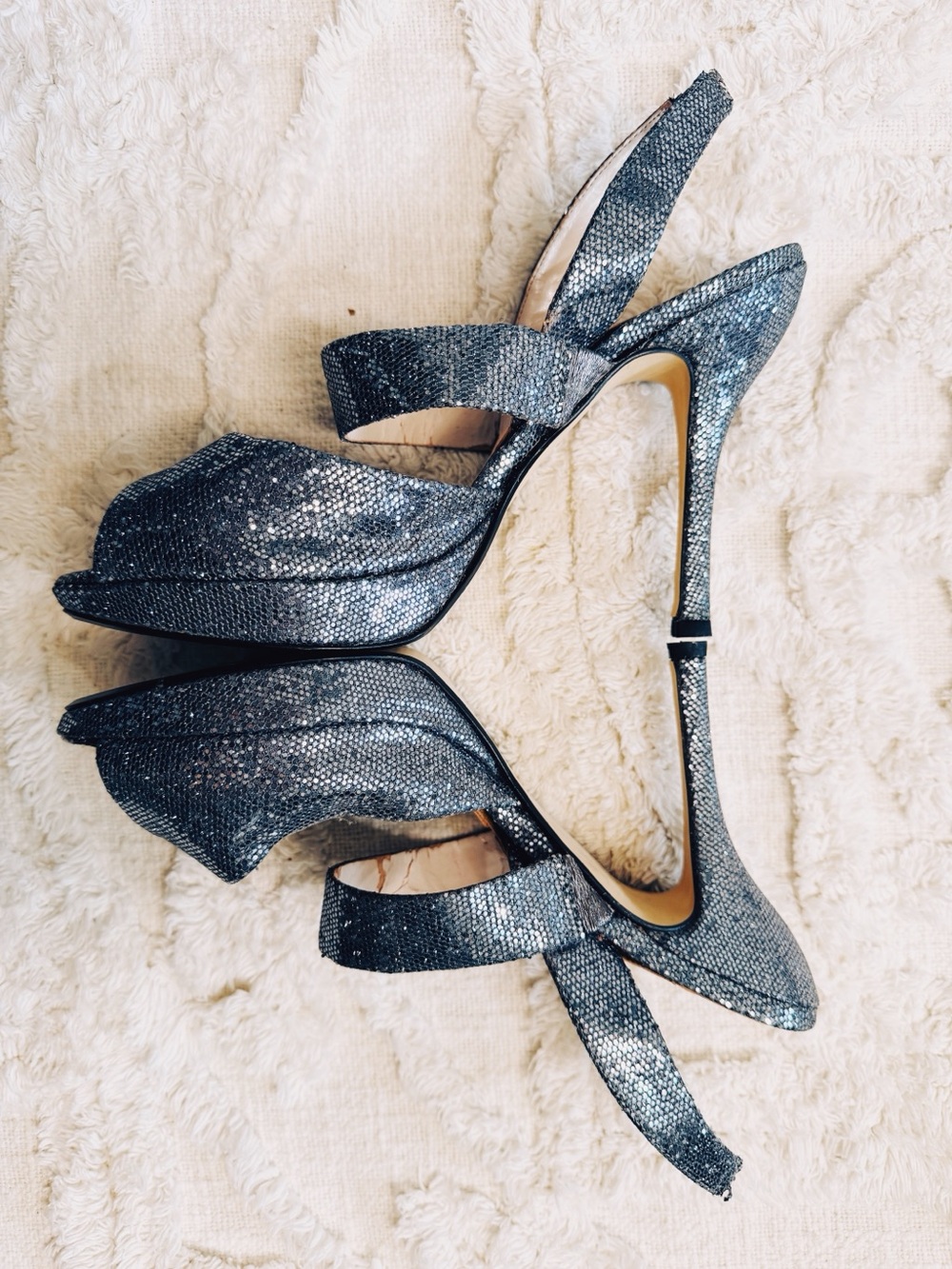 Caparros Silver Glitter Peep Toe Slingback Platform Heels Size 8B GUC